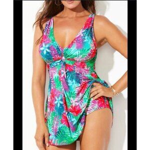 Swimsuits For All Women's Twist Front V-Neck Swimdress Hawaiian Floral Size 10